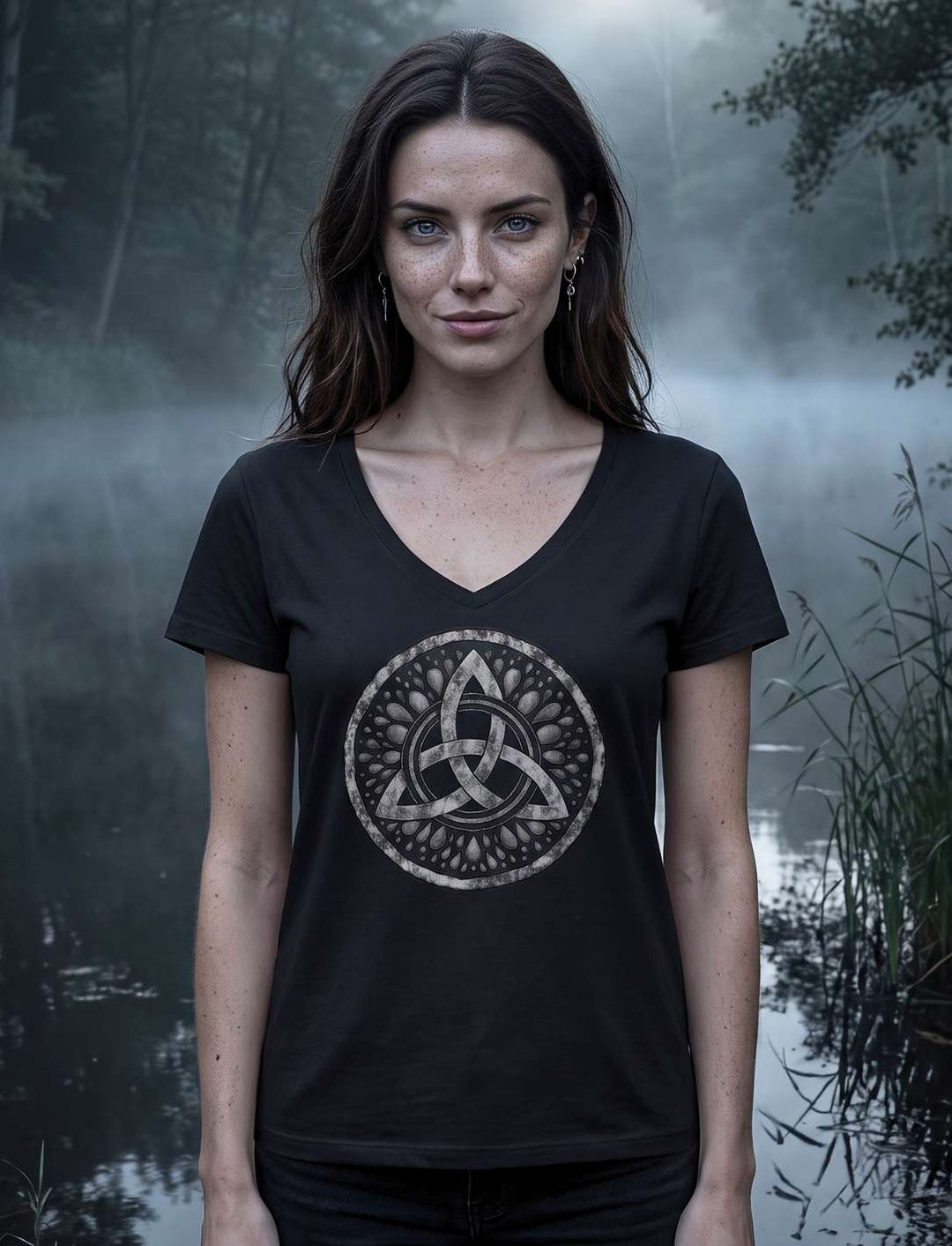 Triquetra – Sichel der Seherin: Frau im schwarzen keltischen Damen V-Neck Shirt am nebligen Waldweiher in der Dämmerung