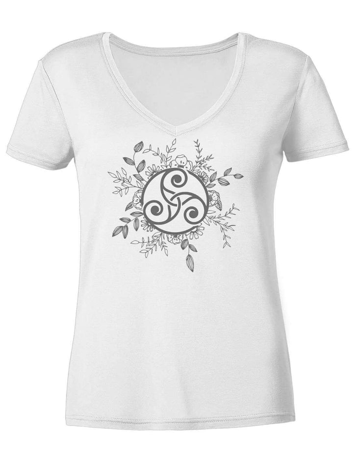 Weisses Damen V-Neck Shirt mit keltischer Triskele und Blattranken, flach liegend von vorn