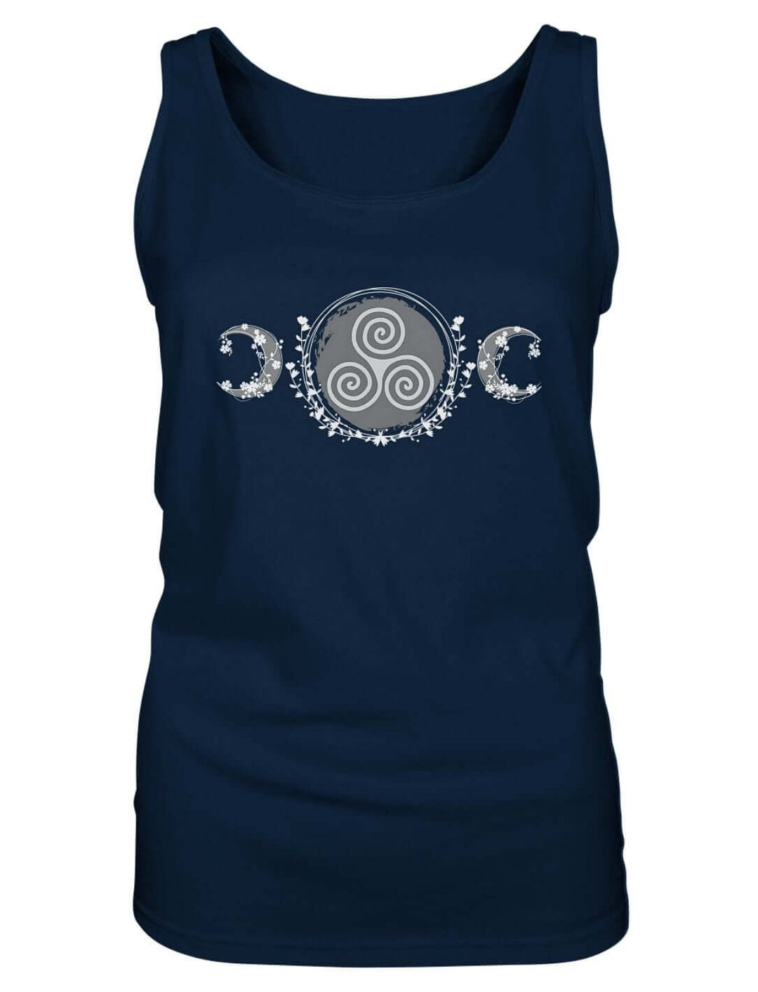 Damen Tank Top in Navy in der Produktansicht mit keltischem Triskele-Mondmotiv