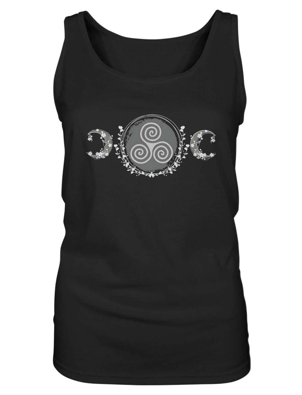 Damen Tank Top in Schwarz in der Produktansicht mit Triskele zwischen zwei Mondsicheln