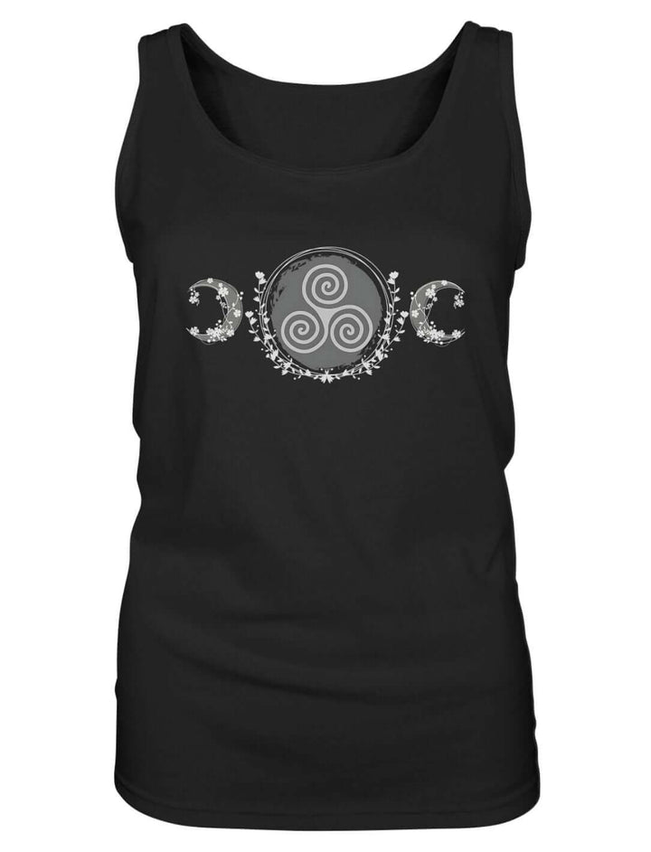 Damen Tank Top in Schwarz in der Produktansicht mit Triskele zwischen zwei Mondsicheln
