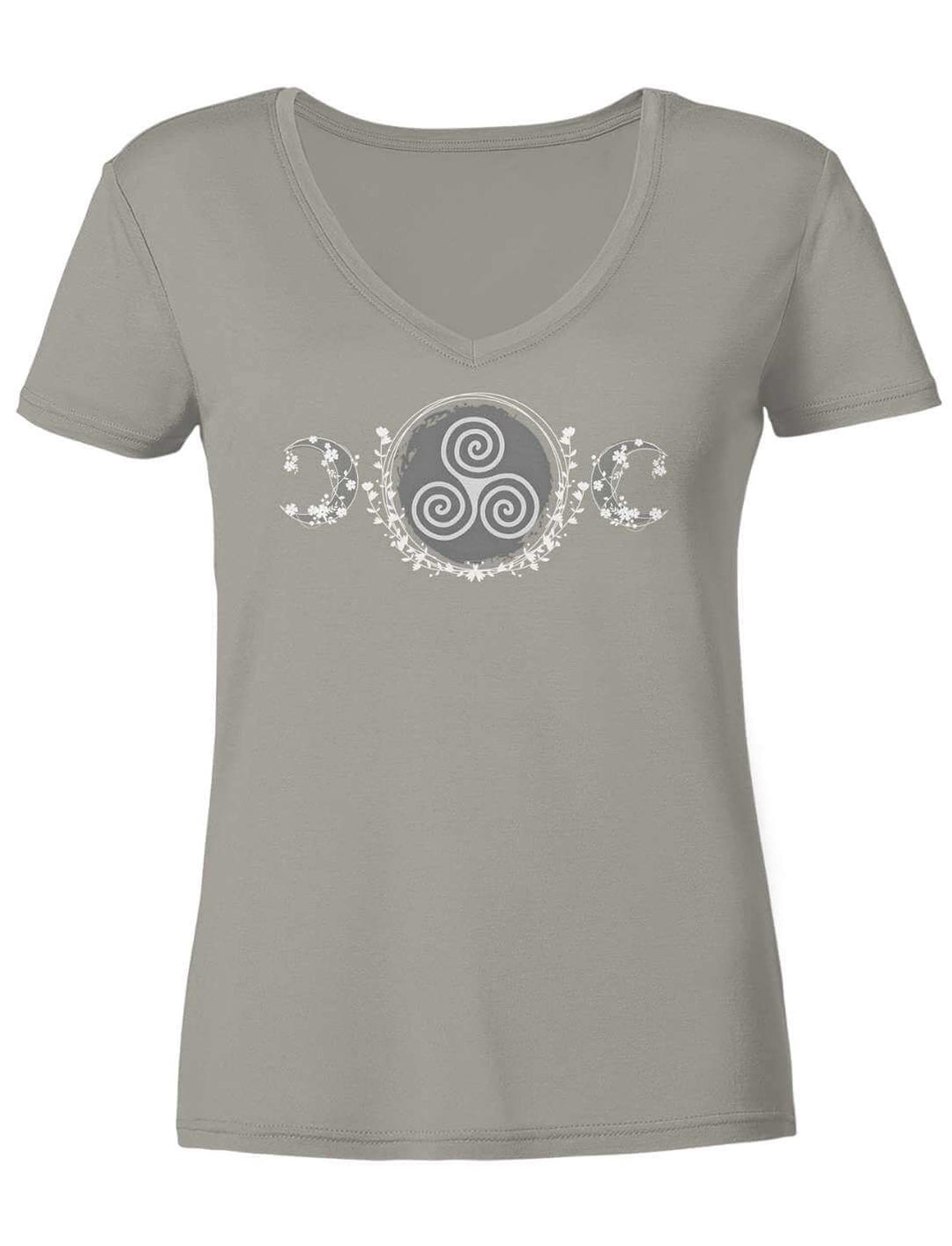 Hellgraues V-Neck Shirt flach fotografiert, Triskele zwischen zwei Mondsicheln