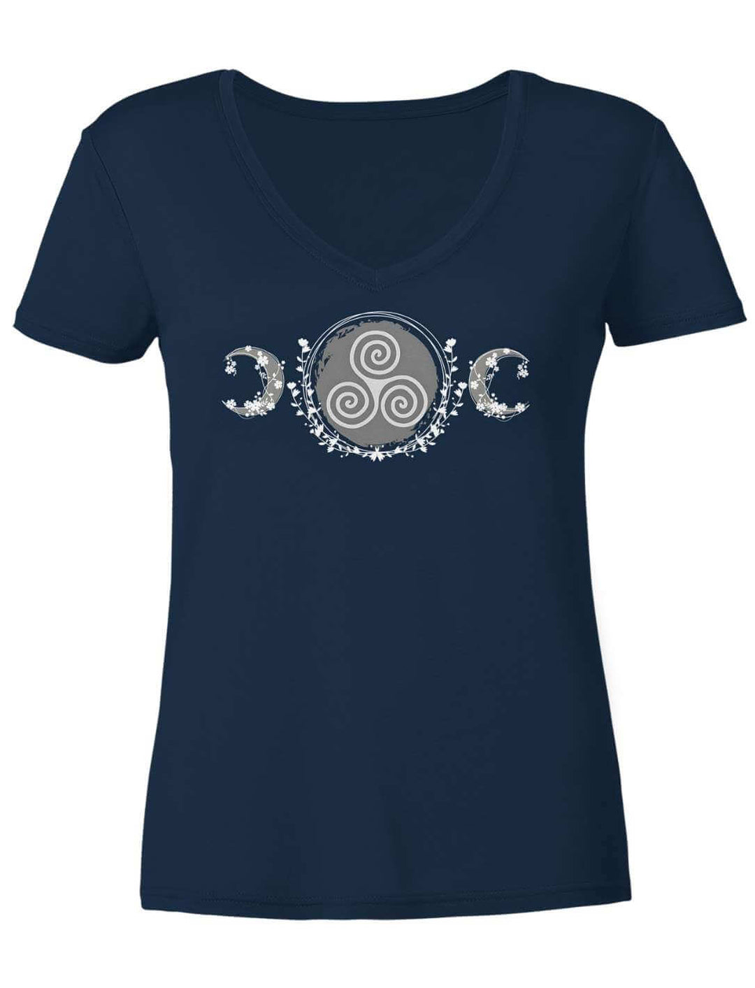 Dunkelblaues V-Neck Shirt flach fotografiert mit keltischer Triskele und Blütenranken