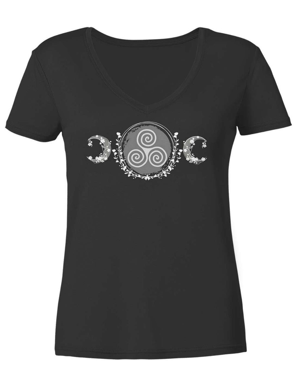 Schwarzes Damen V-Neck Shirt flach fotografiert, Triskele und Mondsicheln in Weiß auf der Brust