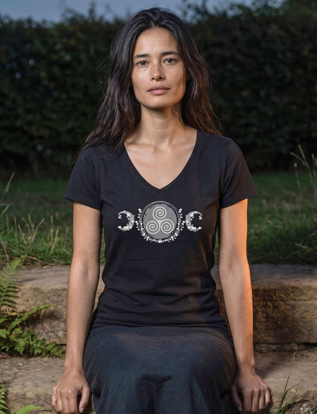 Frau sitzt in schwarzem V-Neck Shirt auf einer Steinstufe im dunklen Garten unter dem Mond