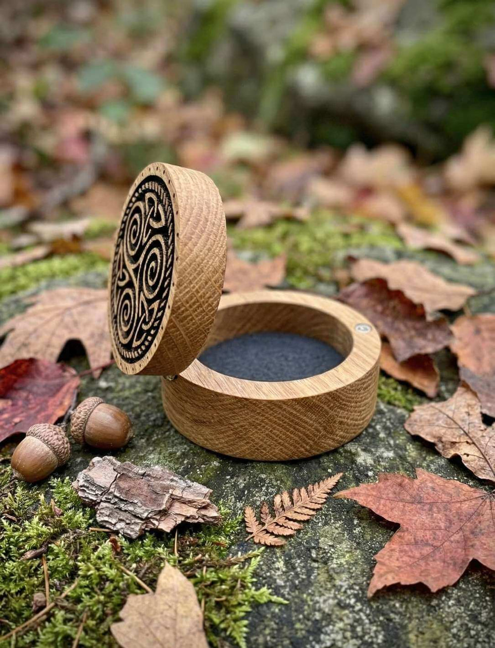 Triskele Schmuckdose aus Eichenholz offen auf Moos mit Herbstlaub und Farn