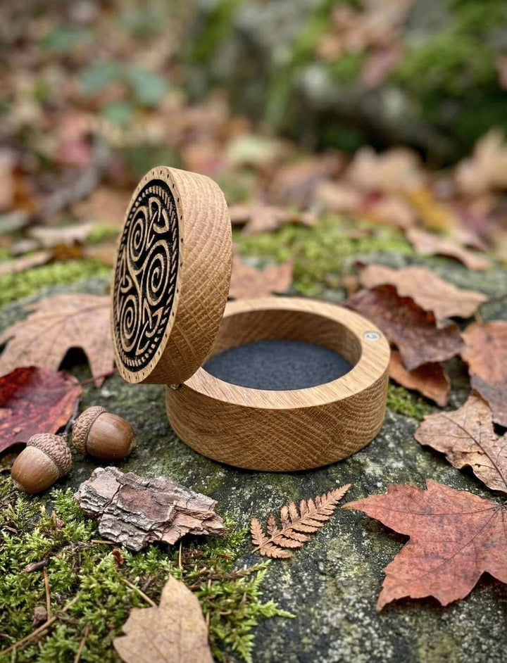 Triskele Schmuckdose aus Eichenholz offen auf Moos mit Herbstlaub und Farn