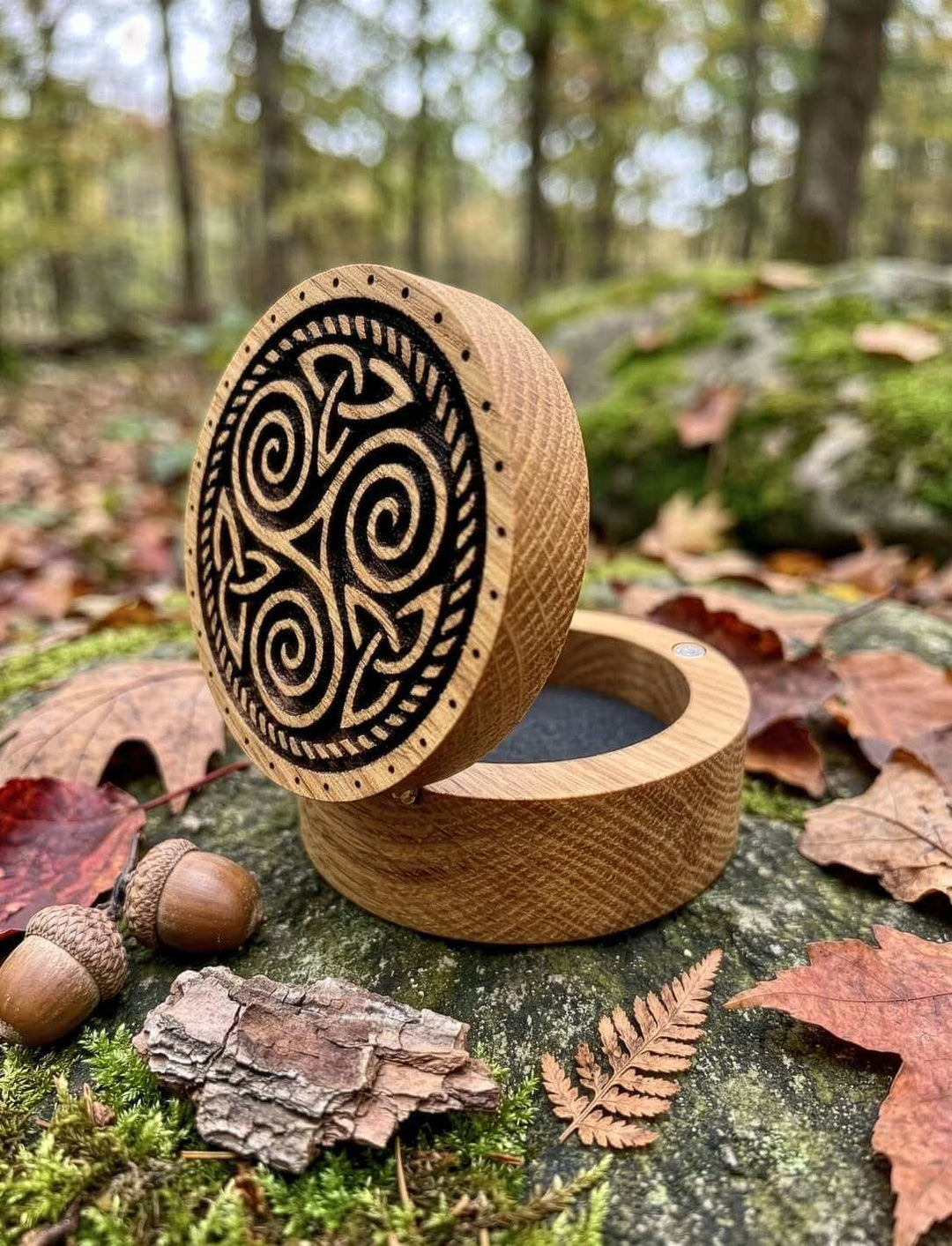 Geschlossene Triskele Schmuckdose auf moosbedecktem Stein im Wald zwischen Herbstlaub