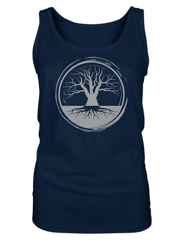 Damen Tank Top in Navy mit hellem Baum und weit ausgebreitetem Wurzelwerk