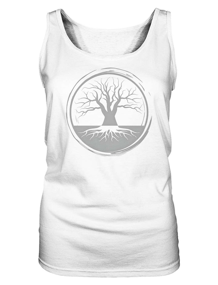 Aermelloses Damen Tank Top in Weiss mit dunklem Lebensbaum im Pinselstrich-Kreis