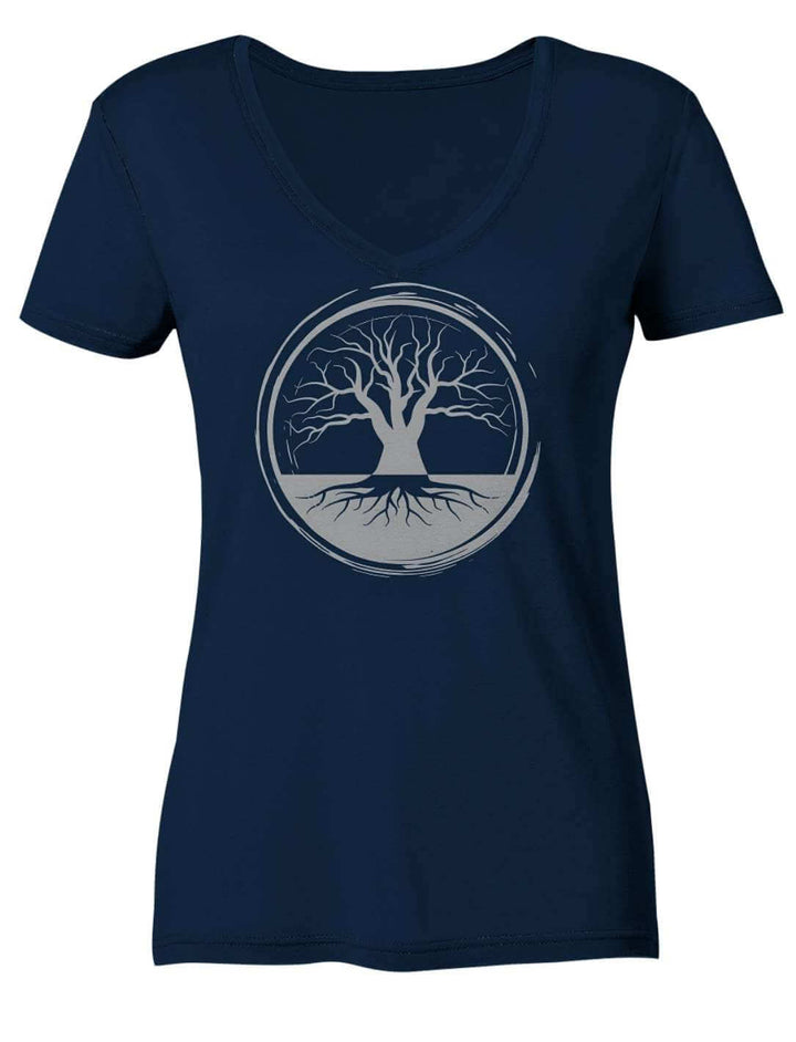 Damen V-Neck Shirt in Navy mit Lebensbaum-Motiv, Vorderansicht