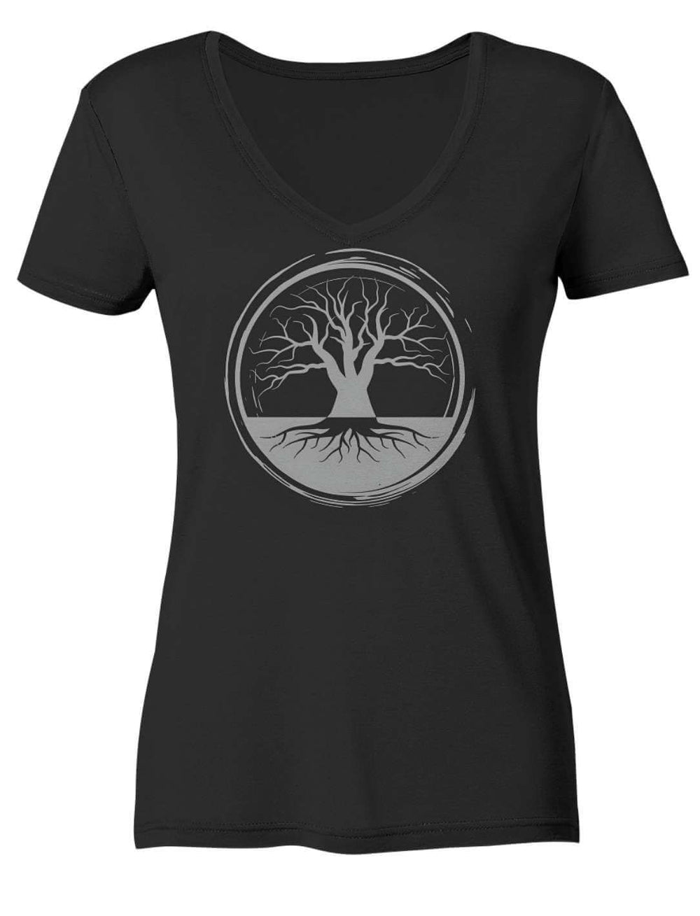 Damen V-Neck Shirt in Schwarz mit keltischem Baum des Lebens im Kreis, Vorderansicht