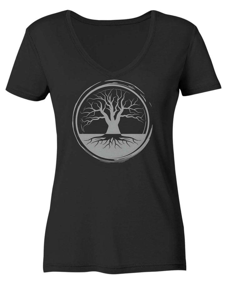 Damen V-Neck Shirt in Schwarz mit keltischem Baum des Lebens im Kreis, Vorderansicht