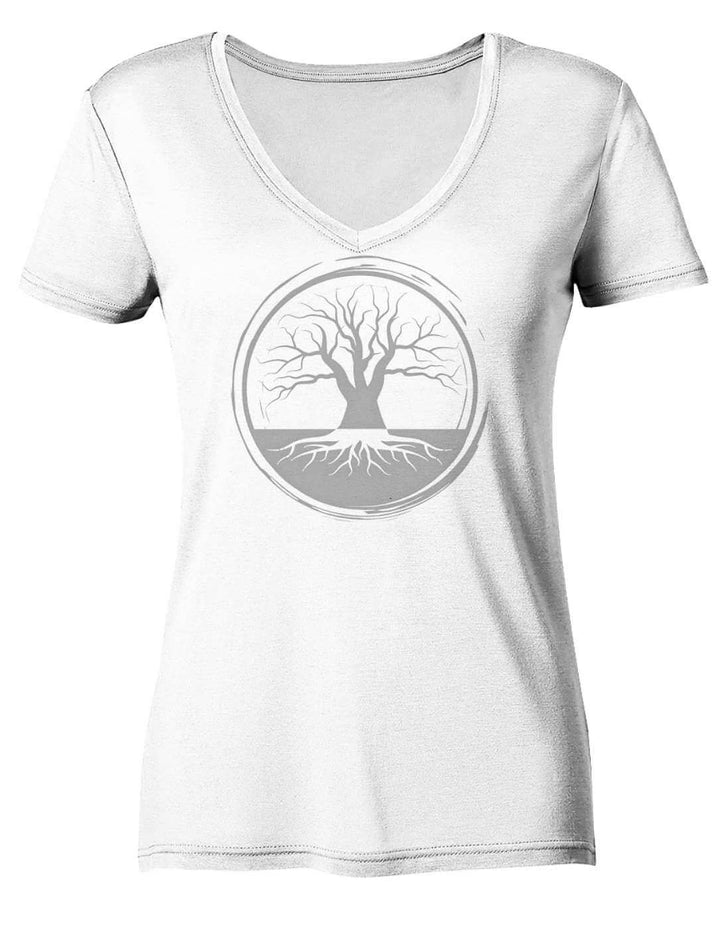 Damen V-Neck Shirt in Weiss mit gespiegeltem Wurzelwerk im Kreis