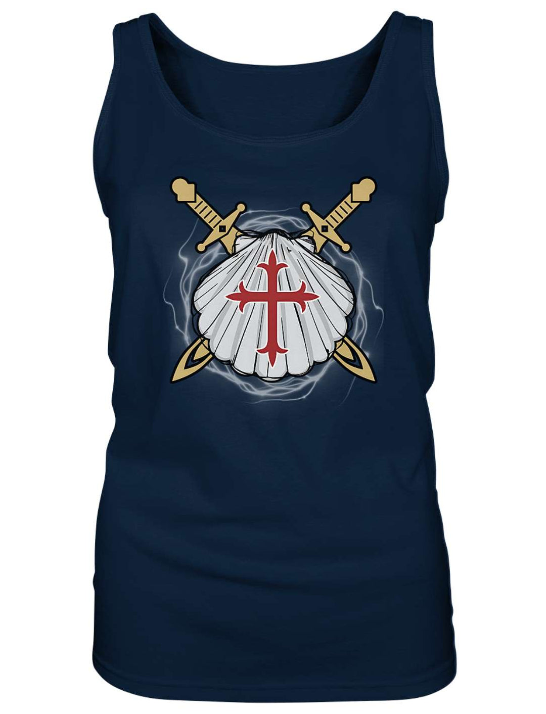 Damen Tank Top in Navy liegend, Zeichen des Jakobswegs mittig auf der Brust