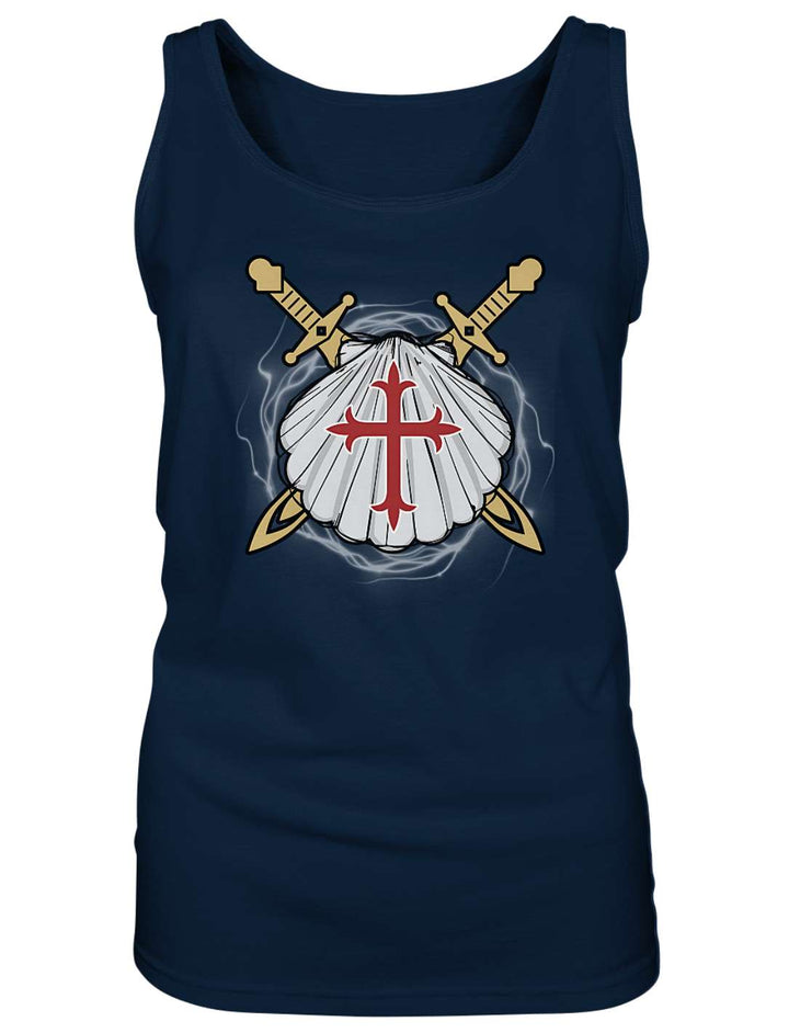 Damen Tank Top in Navy liegend, Zeichen des Jakobswegs mittig auf der Brust