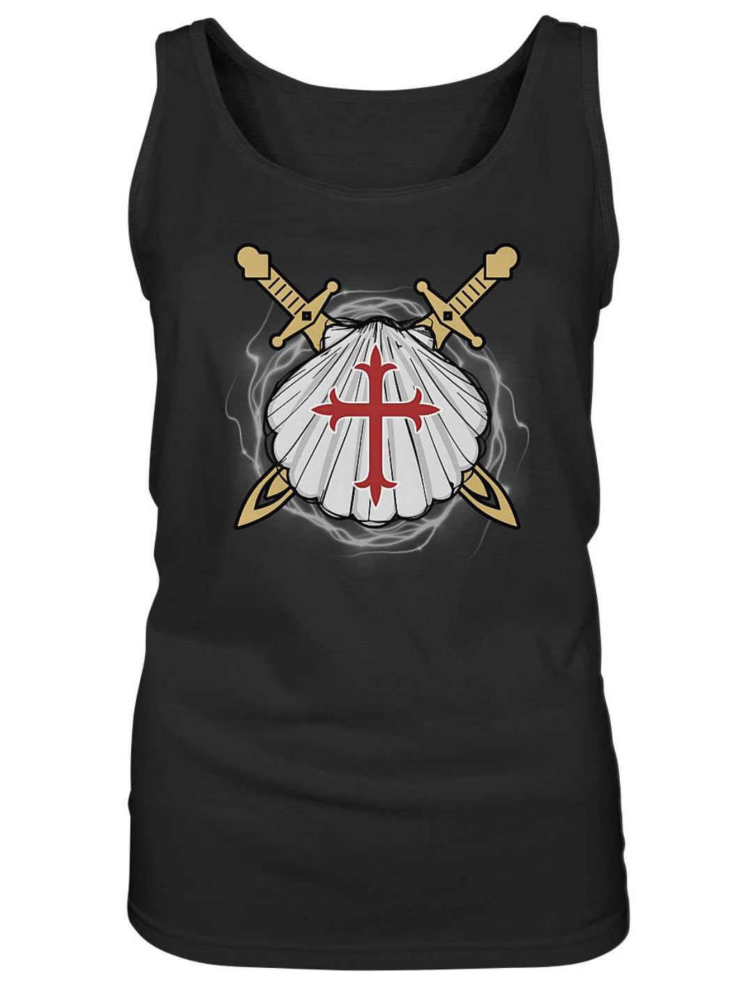 Schwarzes Damen Tank Top liegend, Muschel mit rotem Kreuz und gekreuzten Schwertern