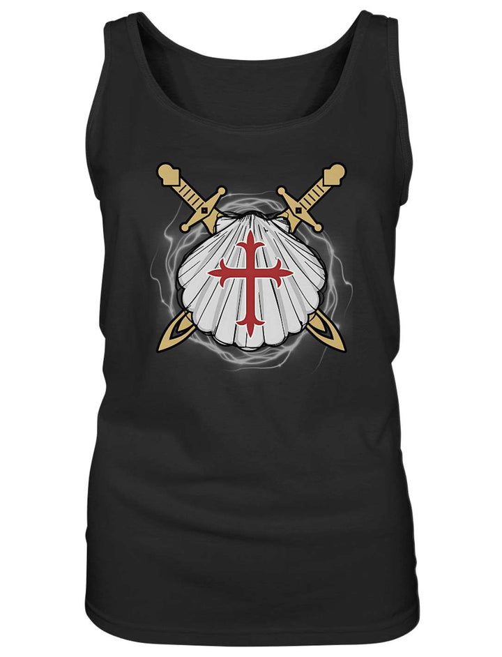 Schwarzes Damen Tank Top liegend, Muschel mit rotem Kreuz und gekreuzten Schwertern