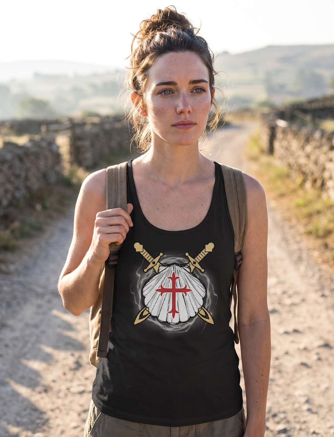 Wächter des Sternenwegs Jakobsmuschel Damen Tank Top in Schwarz auf einem Pilgerweg