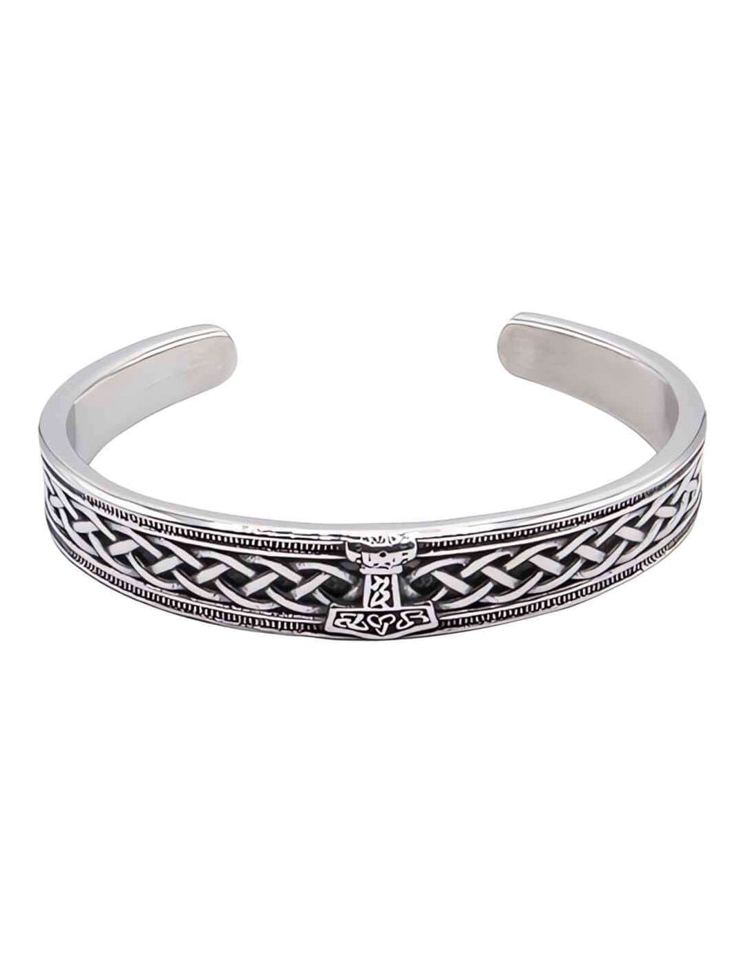 Wikinger Armreif Edelstahl silber mit Thors Hammer und nordischen Knoten