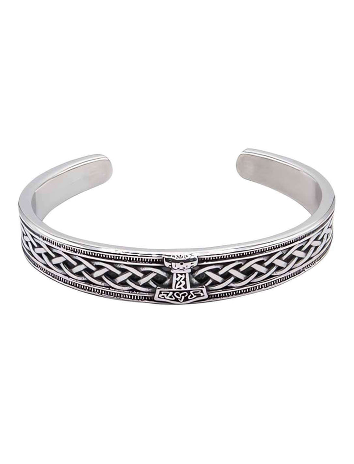 Wikinger Armreif Edelstahl silber mit Thors Hammer und nordischen Knoten