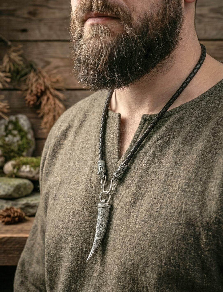 Mann in Wikinger-Tunika trägt Wolfszahn-Anhänger an geflochtener Lederkette mit Rabenkoepfen