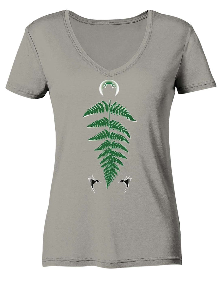 Damen V-Neck Shirt in Light Grey in der Vorderansicht mit Farnwedel und Libellen