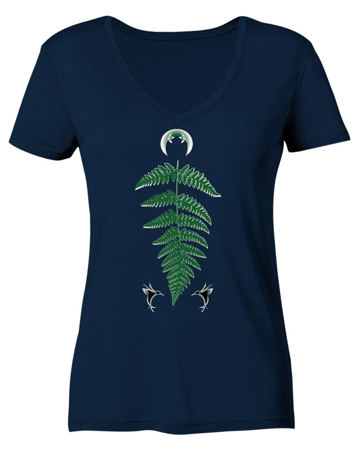 Navyblaues Damen V-Neck Shirt in der Vorderansicht mit Farn und Halbmond