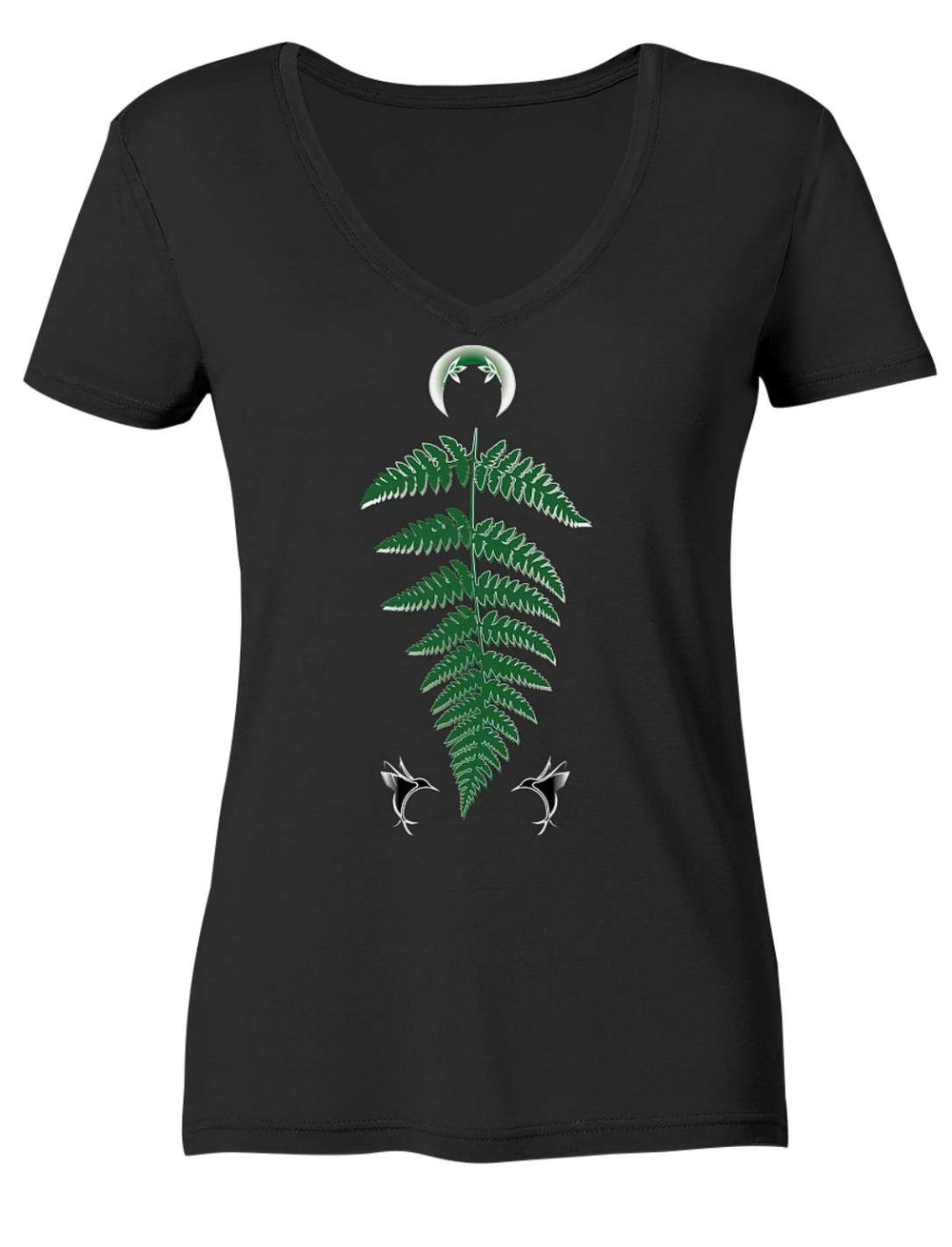Schwarzes Damen V-Neck Shirt flach fotografiert, Farnwedel mit Halbmond und zwei Libellen