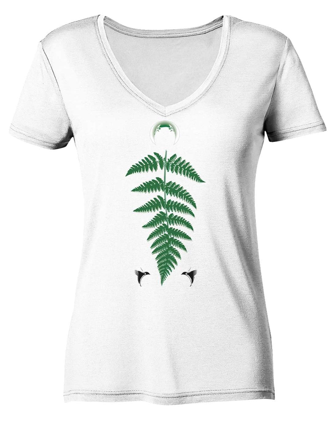 Weisses Damen V-Neck Shirt in der Vorderansicht mit gruenem Farnmotiv