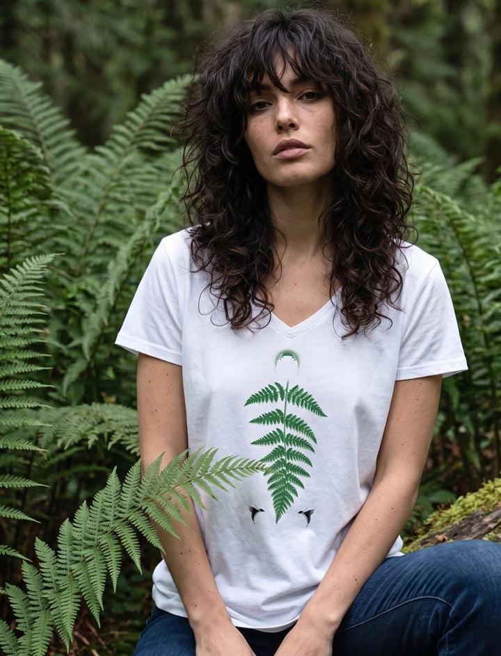 Frau kniet im hohen Farn, weisses Damen V-Neck Shirt mit Halbmond ueber dem Wedel